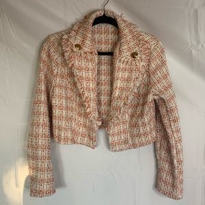 Glamaker Orange White Cropped Woven Fringe Blazer Gold Buttons